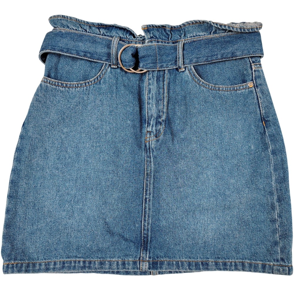 H&M Divided Blue Denim Paperbag Mini Skirt with D-Ring Belt Size 6 retro